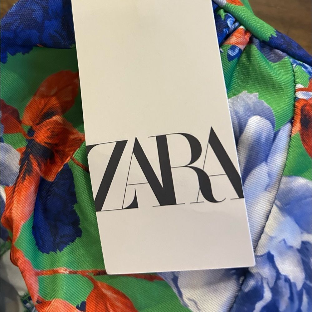 ZARA Bodysuit Size Small Asymmetrical Floral Blue Stretchy One Shoulder NEW - Picture 8 of 10